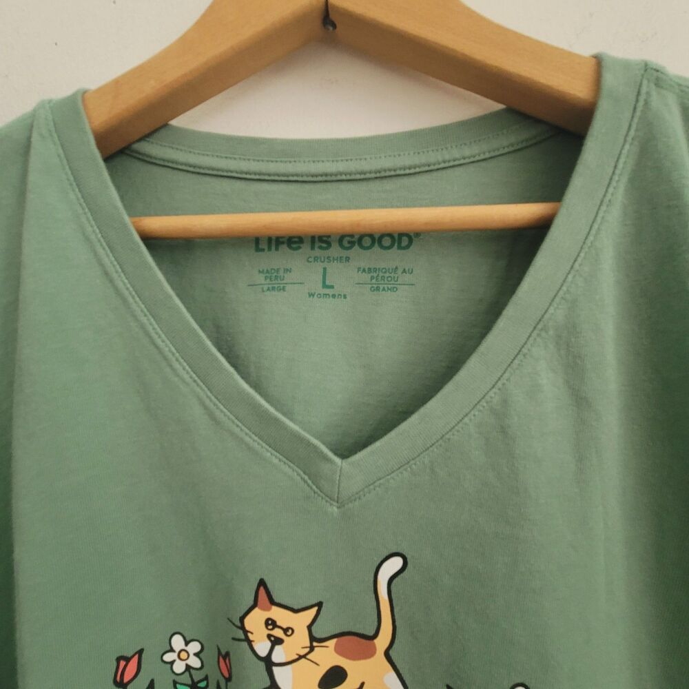 NWOTLife is good Womens CAT Crusher Tee Green T-Shirt L Short Sleeve V-neck - Picture 5 of 12